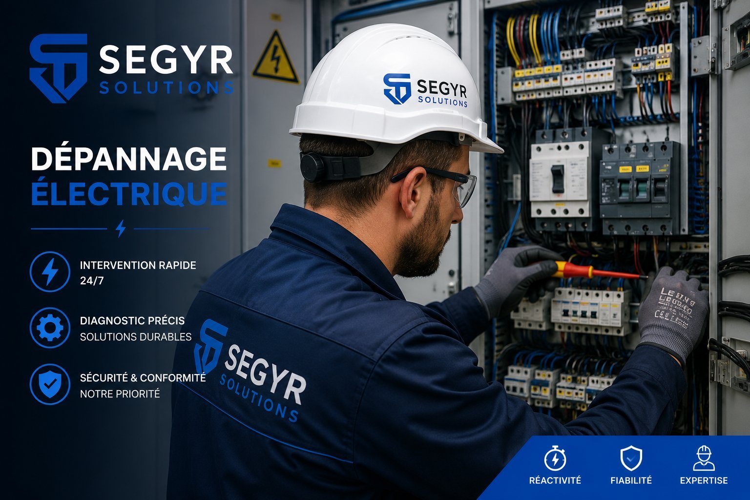 Technicien SEGYR SOLUTIONS en intervention de dépannage électrique sur tableau industriel